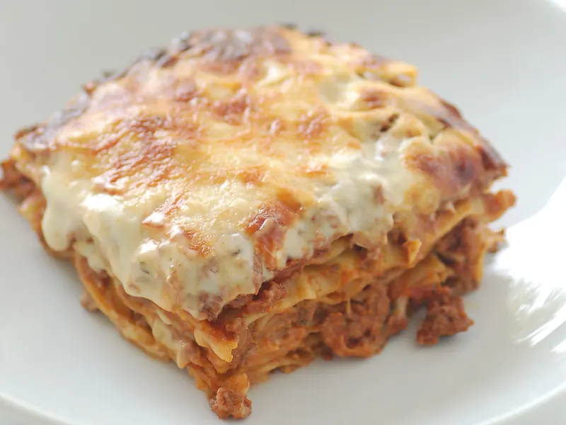 Slice of lasagne on a plate